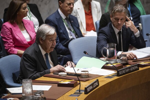 UN Secretary-General Antonio Guterres speaks during a Security Council meeting at United Nations headquarters, Friday, Sep. 27, 2024. (AP Photo/Yuki Iwamura)