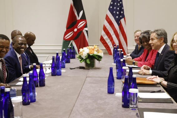 Secretary of State Antony Blinken, right, meets with Kenya's President William Ruto, second left, Thursday, Sept. 21, 2023, in New York. (AP Photo/Jason DeCrow, Pool)