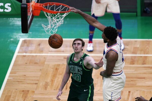 Philadelphia 76ers center Joel Embiid, right, dunks over Boston Celtics center Luke Kornet (40) during the second half of an NBA basketball game Tuesday, April 6, 2021, in Boston. (AP Photo/Charles Krupa)