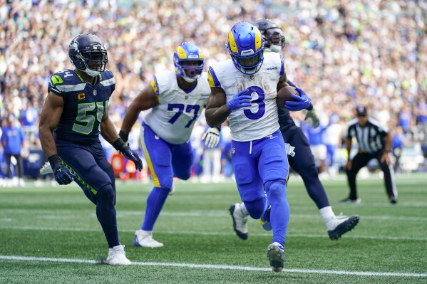 Los Angeles Rams running back Cam Akers scores against the Seattle Seahawks during the second half of an NFL football game Sunday, Sept. 10, 2023, in Seattle. (AP Photo/Lindsey Wasson)