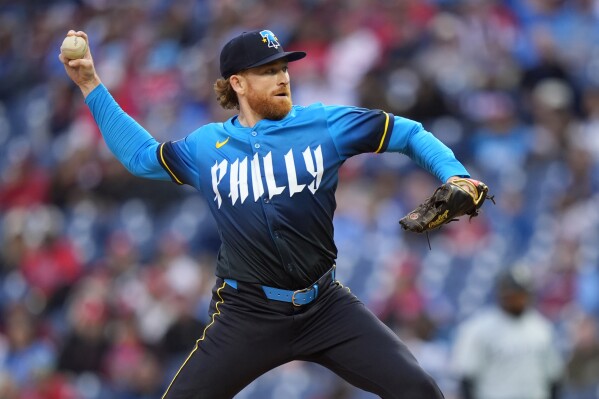 Philadelphia Phillies' Spencer Turnbull pitches during the first inning of a baseball game against the Chicago White Sox, Friday, April 19, 2024, in Philadelphia. (AP Photo/Matt Slocum)
