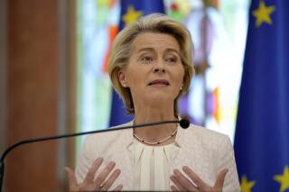 FILE- European Commission President Ursula von der Leyen addresses a media conference in Chisinau, Moldova, prior to the European Political Community Summit, May 31, 2023. Von der Leyen on Tuesday, June 6 says she has no interest in becoming the new leader of NATO as the trans-Atlantic military alliance seeks a successor to Jens Stoltenberg. (AP Photo/Andreea Alexandru, file)