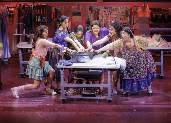 Jennifer Sánchez, from left, Aline Mayagoitia, Sandra Valls, Florencia Cuenca, Shelby Acosta, and Carla Jimenez, appear during a rehearsal for the Broadway production of "Real Women Have Curves" on Friday, March 28, 2025, in New York. (Photo by CJ Rivera/Invision/AP)