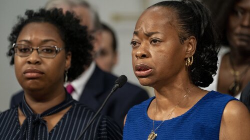 Kimberly Salter, widow of Buffalo supermarket shooting victim Aaron Salter Jr., speaks during a press conference, Wednesday, July 12, 2023, in Buffalo, N.Y. Victims and relatives of last year's mass shooting at a Buffalo supermarket announced Wednesday they are suing the social media sites, weapons retailers and others who they say “loaded the gun” the assailant used to kill 10 Black people and wound three other victims in an attack fueled by racist conspiracy theories he encountered online. Libby March/The Buffalo News via AP)