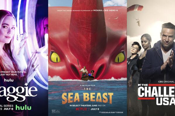 This combination of photos shows promotional art for the Hulu series "Maggie," left, the Netflix animated film "The Sea Beast," center, and the new reality competition series "The Challenge USA" on CBS. (Hulu/Netflix/CBS via AP)