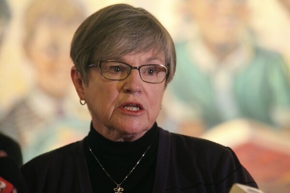 Kansas Gov. Laura Kelly speaks during a public event at the Statehouse, in Topeka, Kan., Monday, April 29, 2024, Legislators expect Kelly to veto their latest bill providing a broad package of income, sales and property tax cuts and call them back into a special legislative session. (AP Photo/John Hanna)