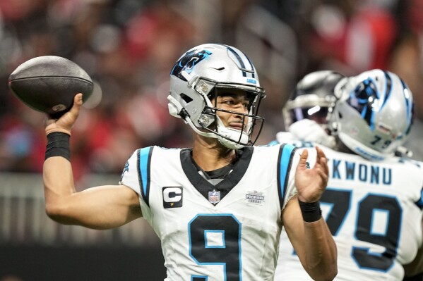 Carolina Panthers quarterback Bryce Young (9) throws in the pocket against the Atlanta Falcons during the first half of an NFL football game, Sunday, Sept. 10, 2023, in Atlanta. (AP Photo/Brynn Anderson)