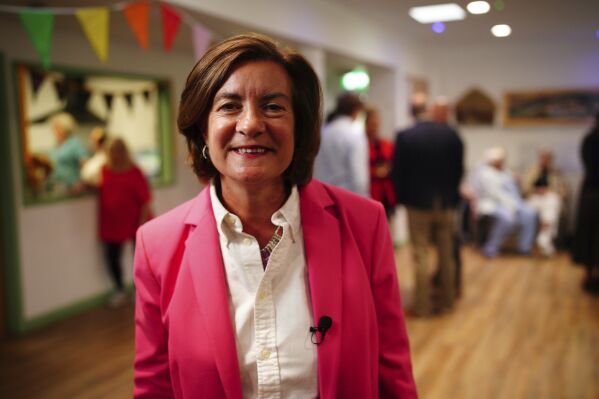 Eluned Morgan meets with members of the public at the Caer Heritage Centre in Caerau, Ely, Wales, Wednesday, July 24, 2024. Wales is set to get its first female leader after Eluned Morgan was chosen Wednesday to lead the governing Welsh Labour Party. (Ben Birchall/PA via ĢӰԺ)