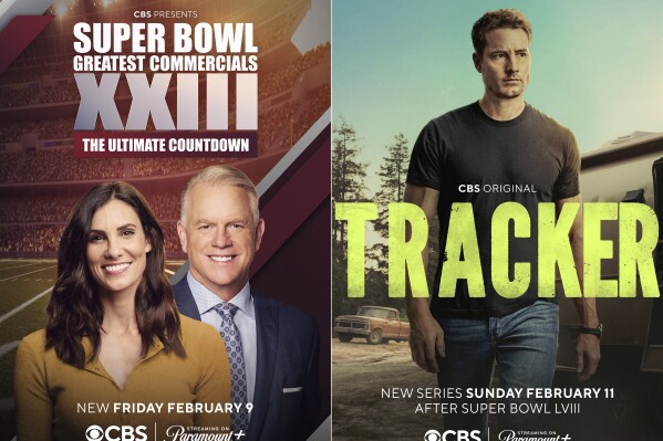 This combination of images shows promotional art for the special 鈥淪uper Bowl Greatest Commercials XXIII: The Ultimate Countdown,鈥� left, and the new series "Tracker" premiering after the Super Bowl. (CBS/Paramount+ via 番茄直播)