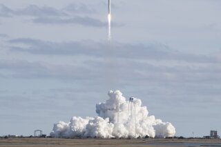 The Northrop Grumman Antares rocket with Cygnus resupply spacecraft onboard, launches at NASA's Wallops Flight Facility on Saturday, Feb. 15, 2020 in Wallops Island, Va. The cargo ship is rocketing...