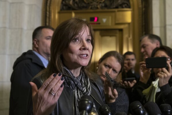 
              General Motors CEO Mary Barra speaks to reporters after a meeting with Sen. Sherrod Brown, D-Ohio, and Sen. Rob Portman, R-Ohio, to discuss GM's announcement it would stop making the Chevy Cruze at its Lordstown, Ohio, plant, part of a massive restructuring for the Detroit-based automaker, on Capitol Hill in Washington, Wednesday, Dec. 5, 2018. (AP Photo/J. Scott Applewhite)
            