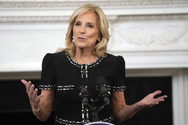 First lady Jill Biden speaks during a media preview Tuesday, Oct. 24, 2023, in the State Dining Room at the White House in Washington, ahead of Wednesday's State Dinner with Australia's Prime Minister Anthony Albanese. (AP Photo/Mark Schiefelbein)