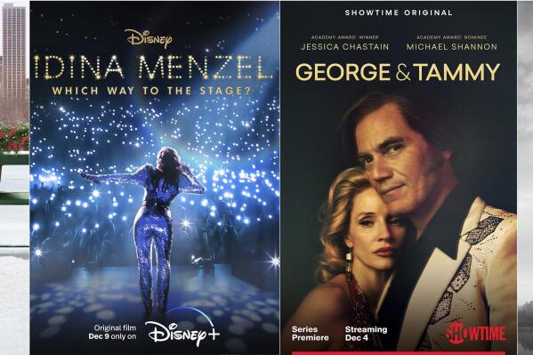 This combination of images shows promotional art for “Something from Tiffany’s,” a film premiering Dec. 9 on Prime Video, from left, the Disney+ documentary “Idina Menzel: Which Way to the Stage?,” "George & Tammy" a Showtime series premiering Dec. 4 and "Emancipation," a film premiering on Apple TV+ on Dec. 9. (Prime Video/Disney+/Showtime/Apple TV+ via AP)