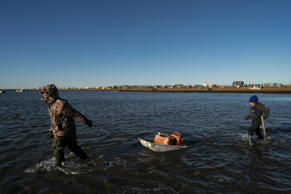 FILE - Pulling a sled with fuel containers in the lagoon, Joe Eningowuk, 62, left, and his 7-year-old grandson, Isaiah Kakoona, head toward their boat through the shallow water while getting ready for a two-day camping trip in Shishmaref, Alaska, Oct. 1, 2022. Revved-up climate change now permeates Americans鈥� daily lives with harm that is 鈥渁lready far-reaching and worsening across every region of the United States," a massive new government report says Tuesday, Nov. 14. (APPhoto/Jae C. Hong, File)