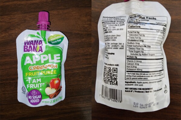 FILE - This photo provided by the U.S. Food and Drug Administration on Oct. 28, 2023, shows a WanaBana apple cinnamon fruit puree pouch. On Monday, Nov. 13, 2023, U.S. health officials are warning doctors to be on the lookout for possible cases of lead poisoning in children after at least 22 toddlers in 14 states were sickened by lead linked to tainted pouches of cinnamon apple puree and applesauce. Brands include WanaBana brand apple cinnamon fruit puree and Schnucks and Weis brand cinnamon applesauce pouches. The products were sold in stores and online. (FDA via AP, File)