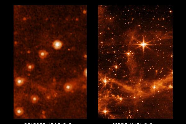 This combination of images provided by NASA on Monday, May 9, 2022, shows part of the Large Magellanic Cloud, a small satellite galaxy of the Milky Way, seen by the retired Spitzer Space Telescope, left, and the new James Webb Space Telescope. The new telescope is in the home stretch of testing, with science observations expected to begin in July, astronomers said Monday. (NASA/JPL-Caltech, NASA/ESA/CSA/STScI via AP)