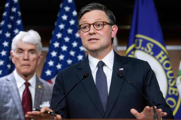 Speaker of the House Mike Johnson, R-La., speaks during a news conference at the Capitol, May 6, 2025, in Washington. (AP Photo/Rod Lamkey, Jr., File)
