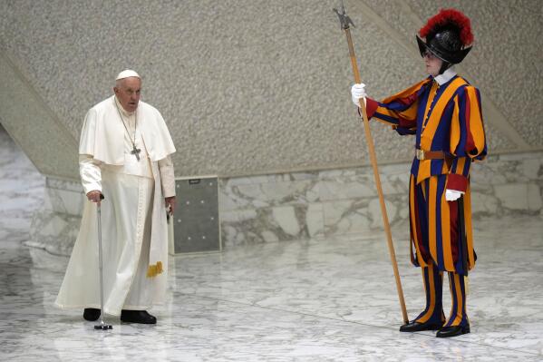Pope Francis arrives for an audience with the dioceses of Spoleto and Norcia in the Paul VI Hall, at the Vatican, Saturday, May 20, 2023. (AP Photo/Alessandra Tarantino)