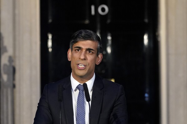 Britain's Prime Minister Rishi Sunak addresses the media at Downing Street in London, on March 1, 2024. Britain’s main opposition parties are demanding that the Conservative government publish legal advice it has received on whether Israel has broken international humanitarian law during the war in Gaza. They say the U.K. should ban weapons sales to Israel if the law has been broken. (AP Photo/Alberto Pezzali)