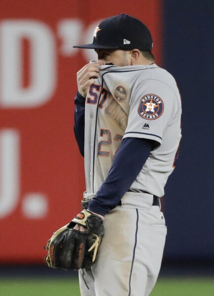 Houston Astros Jose Altuve and New York Yankees Aaron Judge stand in the  infield in the 3rd inning in game 3 of the 2017 MLB Playoffs American  League Championship Series at Yankee