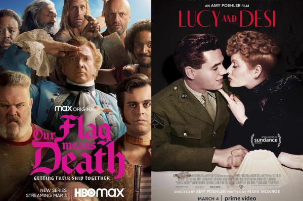 This combination of photos shows promotional art for "Our Flag Means Death," a series premiering March 3 on HBO Max, left, and "Lucy and Desi," a documentary premiering March 4 on Amazon. (HBO Max/Prime Video via AP)