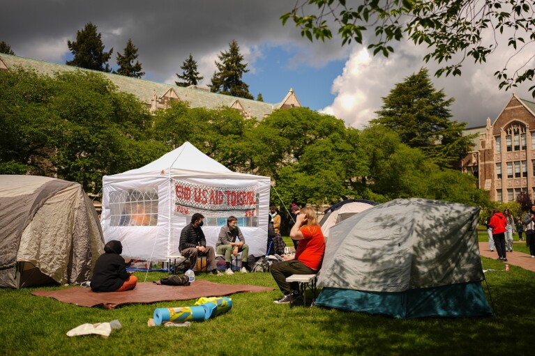 People gather on the grass at a pro-Palestinian encampment at the University of Washington campus Monday, April 29, 2024, in Seattle. The group is demanding that the university divest from Israel and cut ties with Boeing, which manufactures products used by Israel Defense Forces. (AP Photo/Lindsey Wasson)