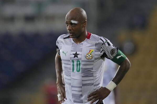 Ghana's captain Andre Ayew looks on during the African Cup of Nations 2022 group C soccer match between Gabon and Ghana at the Ahmadou Ahidjo stadium in Yaounde, Cameroon, Friday, Jan. 14, 2022. (AP Photo/Themba Hadebe)