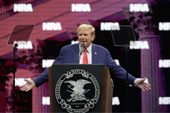Former President Donald Trump speaks during the National Rifle Association Convention, Saturday, May 18, 2024, in Dallas. (AP Photo/LM Otero)