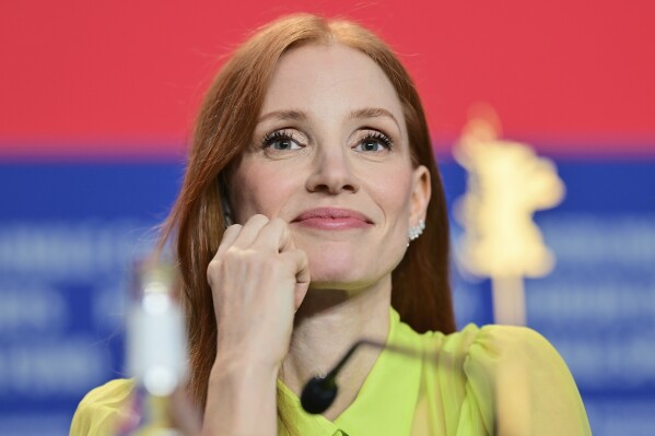 Actress Jessica Chastain attends a press conference for the film 'Dreams' at the International Film Festival, Berlinale, in Berlin, Saturday, Feb. 15, 2025. (Sebastian Christoph Gollnow/dpa via AP)