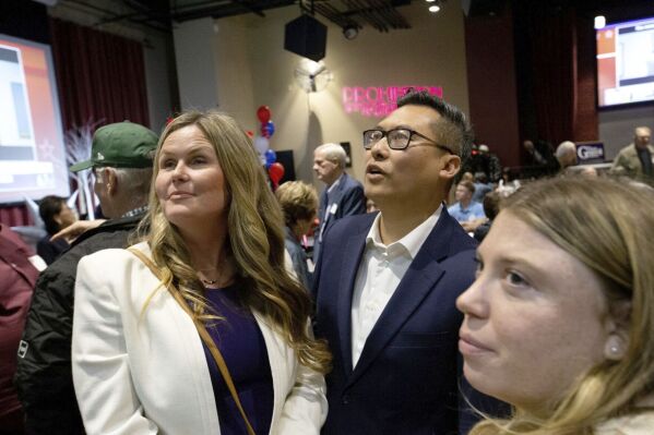 Current state Assemblyman Vince Fong watches election returns March 9, 2024, at 1933 Speakeasy Pavilion in Bakersfield, Calif. While on the ballot for the 32nd District Assembly seat, he has his eyes on the 20th District seat, for which he also was on the ballot. Fong a California legislator backed by former President Donald Trump and a sheriff who promises to harden the nation's porous borders are facing off in a special U.S. House election to complete the remaining term of deposed former Speaker Kevin McCarthy, which runs through January. (John Donegan/The Bakersfield Californian via AP)