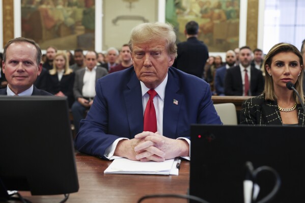 Former U.S. President Donald Trump, with lawyers Christopher Kise and Alina Habba, attends the closing arguments in the Trump Organization civil fraud trial at New York State Supreme Court on Thursday, Jan. 11, 2024. (Shannon Stapleton/Pool Photo via AP)