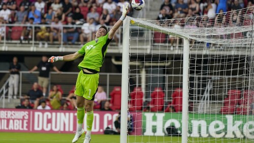D.C. United goalkeeper Tyler Miller deflects an Inter Miami shot during the first half of an MLS soccer match Saturday, July 8, 2023, in Washington. (AP Photo/Alex Brandon)