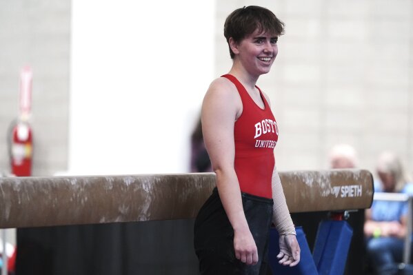 Ten Harder of Boston University Gymnastics Club in Boston, waits to compete on the balance beam at the 2025 NAIGC national competition in Pittsburgh, Friday, April 4, 2025. (AP Photo/Gene J. Puskar)