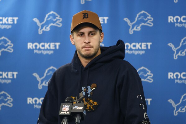 Detroit Lions quarterback Jared Goff addresses the media after an NFL football game against the Green Bay Packers, Thursday, Nov. 23, 2023, in Detroit. (AP Photo/Duane Burleson)
