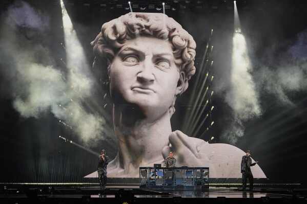 Gabry Ponte from San Marino performs the song "Tutta L'Italia" during the first semi-final of the 69th Eurovision Song Contest, in Basel, Switzerland, Tuesday, May 13, 2025. (AP Photo/Martin Meissner)