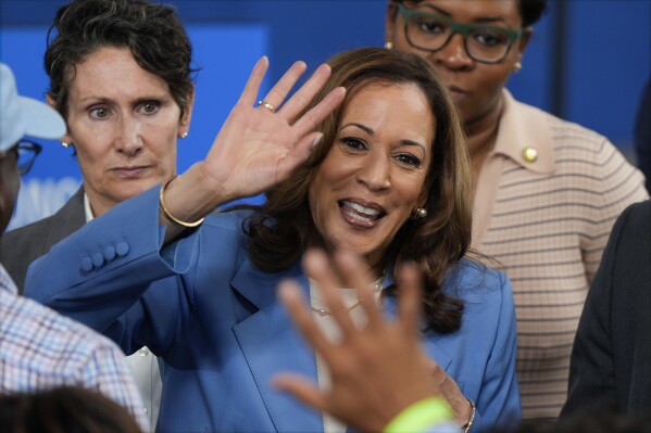 Democratic presidential nominee Vice President Kamala Harris greets supporters at a campaign event at Hendrick Center for Automotive Excellence on the Scott Northern Wake Campus of Wake Tech Community College in Raleigh, N.C., Friday, Aug. 16, 2024. (AP Photo/Mike Stewart)