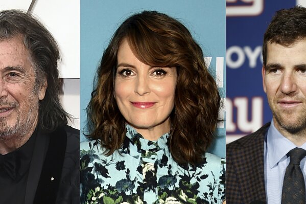 This combination photo shows actor Al Pacino, from left, writer-producer and actress Tina Fey and former New York Giants quarterback Eli Manning who will join a star-studded lineup to celebrate the selfless acts of New Yorkers. Robin Hood and iHeartRadio announced a collaboration Thursday to present “Heroes of New York,” which will air Dec. 1 on television and radio stations in New York. (AP Photo)