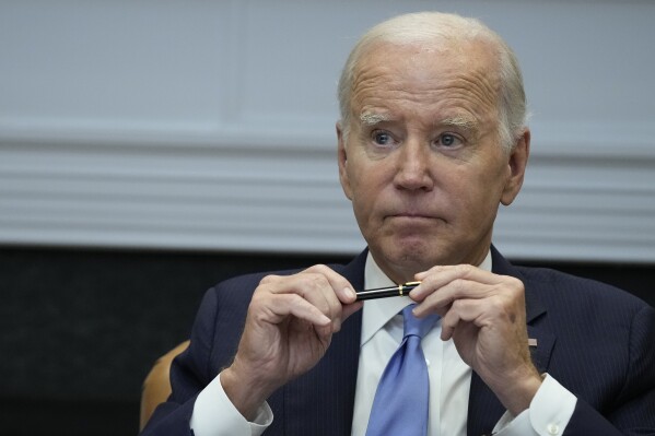 FILE - President Joe Biden pauses after answering a question about the auto workers strike as he speaks in the Roosevelt Room of the White House in Washington, Monday, Sept. 25, 2023. (AP Photo/Susan Walsh, File)