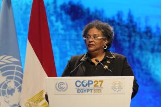 FILE - Mia Mottley, prime minister of Barbados, speaks at the COP27 U.N. Climate Summit, Nov. 8, 2022, in Sharm el-Sheikh, Egypt. The Barbados plan, dubbed the Bridgetown Initiative, could be a pathway to unlocking large sums of money from rich countries, which have contributed most to greenhouse gas emissions. Mottley first unveiled her idea at the COP26 meeting a year ago in Glasgow, Scotland, where she delivered a powerful speech and sketched out a rough plan to come up with new and innovative forms of climate finance. (AP Photo/Peter Dejong, File)