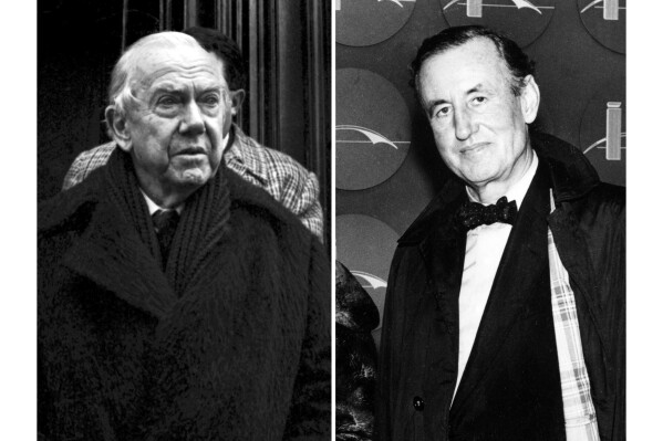 This combination of photos shows English author Graham Greene at the Sorbonne University in Paris, France on Feb. 13, 1983, left, and British Author Ian Fleming in New York on Jan. 10, 1962. (AP Photo)