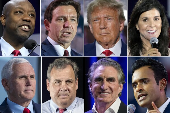 This combination of photos shows Republican presidential candidates, top row from left, Sen. Tim Scott, R-S.C., Florida Gov. Ron DeSantis, former president Donald Trump, and former South Carolina Gov. Nikki Haley, and bottom row from left, former Vice President Mike Pence, former New Jersey Gov. Chris Christie, North Dakota Gov. Doug Burgum and Vivek Ramaswamy. With less than a month to go until the first 2024 Republican presidential debate, eight candidates say they have met the qualifications for a podium slot. But that also means that about half of the broad GOP field is running short on time to make the stage. (AP Photo)
