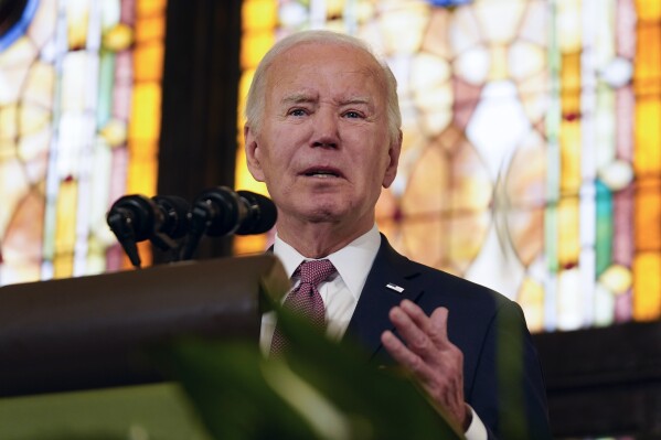 President Joe Biden delivers remarks at Mother Emanuel AME Church in Charleston, S.C., Monday, Jan. 8, 2024, where nine worshippers were killed in a mass shooting by a white supremacist in 2015. (AP Photo/Stephanie Scarbrough)