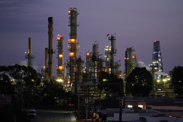 File - The Chevron Products Company El Segundo refinery is seen on Monday, Oct. 23, 2023, in El Segundo, Calif. On Wednesday, the Labor Department releases producer prices data for October. (AP Photo/Ashley Landis, File)