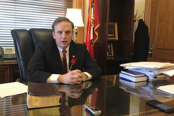 FILE - House Speaker Matthew Shepherd speaks to reporters at his office in the state Capitol in Little Rock, Ark., Monday, Jan. 14, 2019. Shepherd has been elected to serve another term as speaker of the Arkansas House. The Republican from El Dorado was elected Tuesday, March 15, 2022, by the House in a voice vote shortly after the Legislature adjourned the year's session. (AP Photo/Andrew Demillo, File)