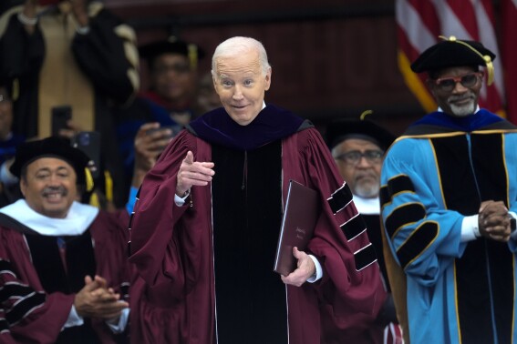 President Joe Biden gestures after speaking to graduating students at the Morehouse College commencement Sunday, May 19, 2024, in Atlanta. (AP Photo/John Bazemore)