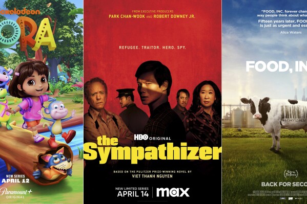 This combination of photos shows promotional art for the series "Dora," debuting April 12 on Paramount+, left, "The Sympathizer," a series premiering April 14 on Max, center, and the film "Food, Inc. 2," available April 12 on video-on-demand. (Paramount+/Max/Magnolia Pictures
