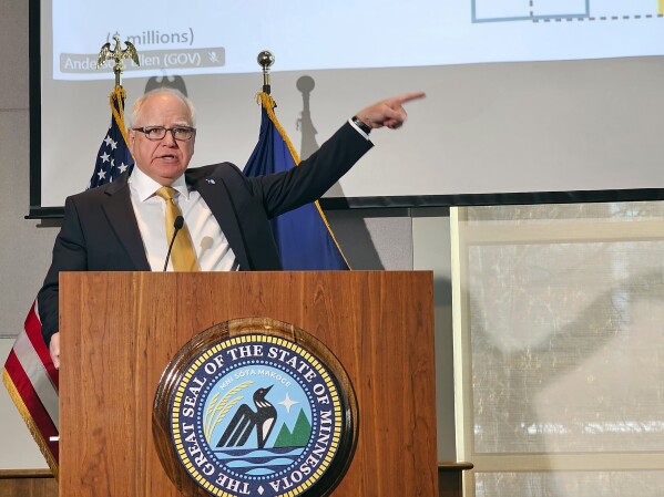 Minnesota Gov. Tim Walz briefs reporters on his budget proposal, on Thursday, Jan. 16, 2025, in St. Paul, Minn., which would require approval from a deeply divided legislature. (AP Photo/Steve Karnowski)