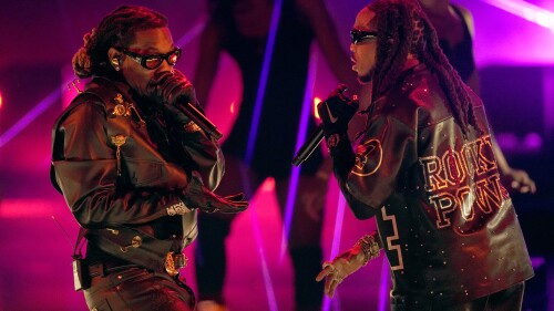 Offset, left, and Quavo of Migos perform at the BET Awards on Sunday, June 25, 2023, at the Microsoft Theater in Los Angeles. (AP Photo/Mark Terrill)