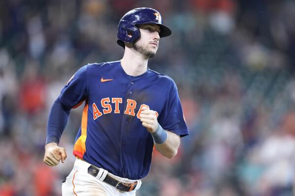 Houston Astros' Kyle Tucker runs the bases after hitting a two-run home run during the eighth inning of a baseball game against the Los Angeles Angels, Sunday, Sept. 11, 2022, in Houston. (AP Photo/Kevin M. Cox)