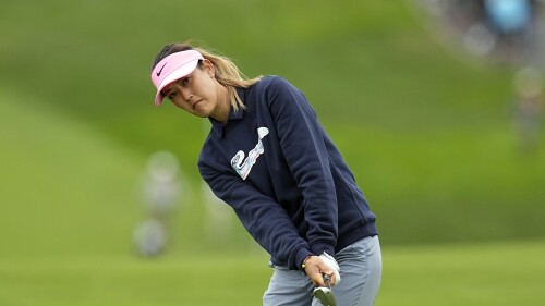 Michelle Wie West chips to the sixth green during the second round of the U.S. Women's Open golf tournament at the Pebble Beach Golf Links, Friday, July 7, 2023, in Pebble Beach, Calif. (AP Photo/Darron Cummings)